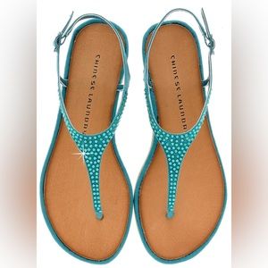 Chinese Laundry Game Show Suede Crystal Teal Flat T-bar Sandals 8.5